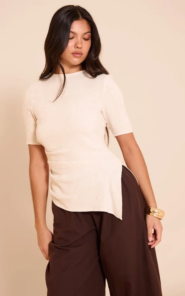 Beige Lightweight Woven Ruched Side Detail T Shirt