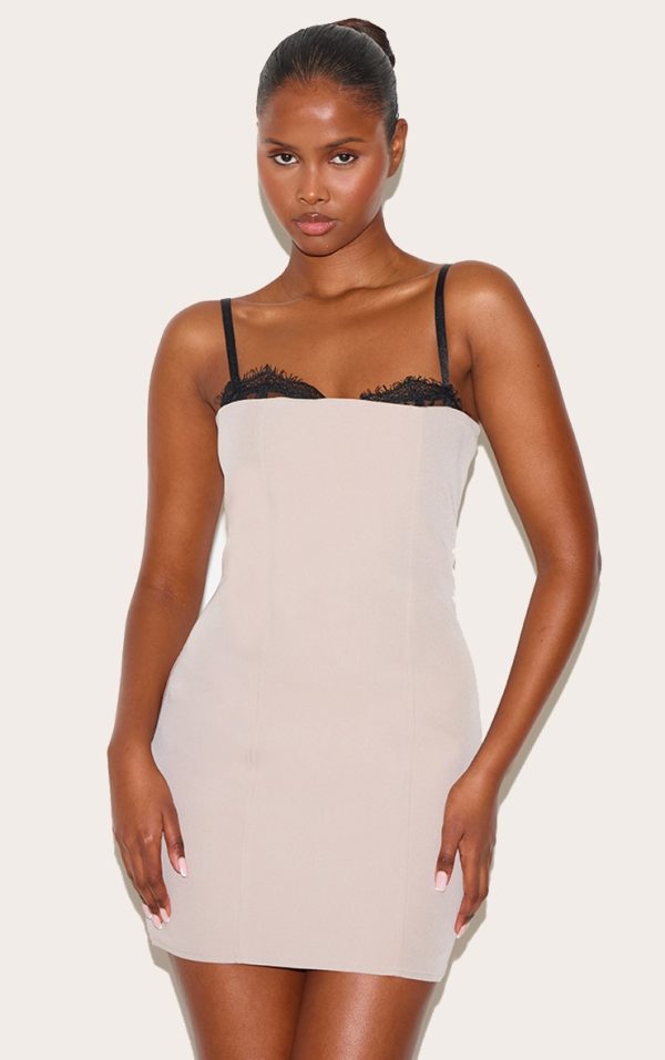Taupe Lace Bust Detail Woven Bodycon Dress