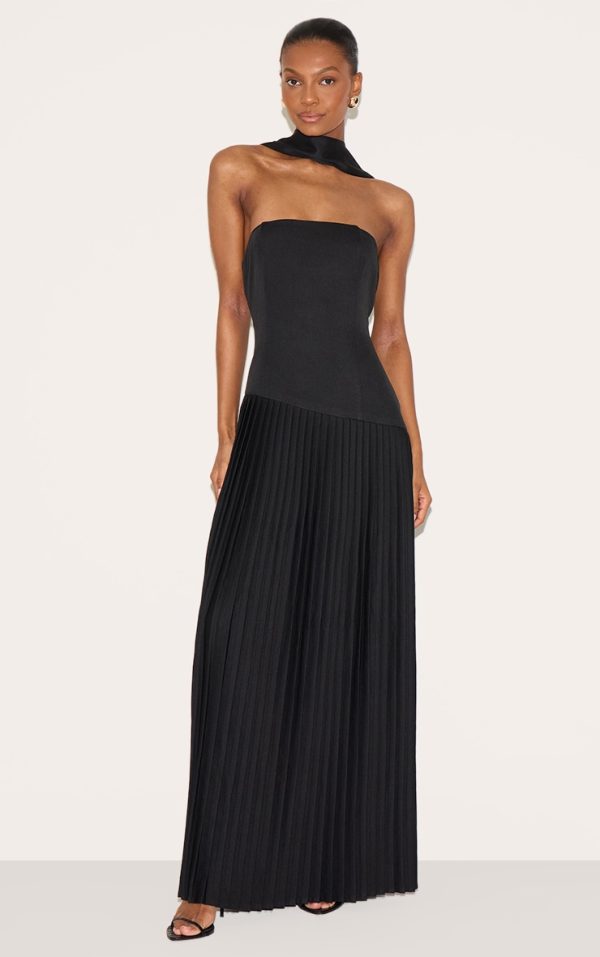 Black Woven Asymmetric Pleated Maxi Dress