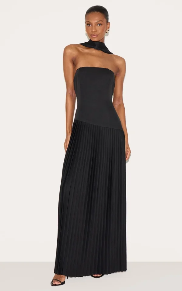 Black Woven Asymmetric Pleated Maxi Dress