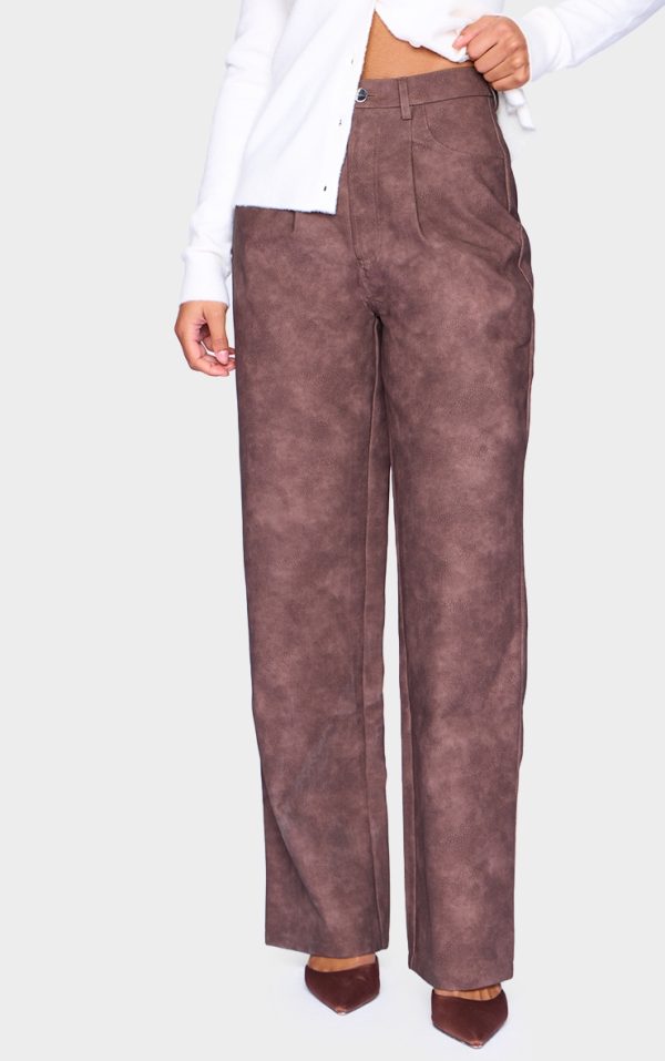 Chocolate Washed Faux Leather Dart Pocket Straight Leg Pants