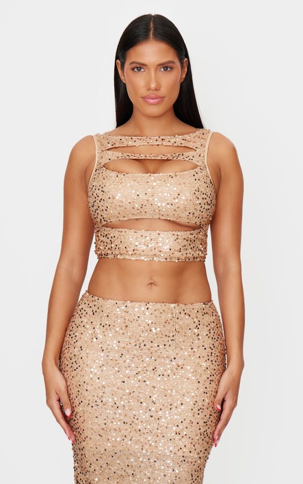 Shape Gold Sequin Cut Out Twist Front Top