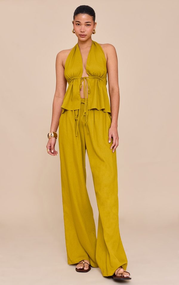 Deep Mustard Linen Look Drawstring Wide Leg Pants
