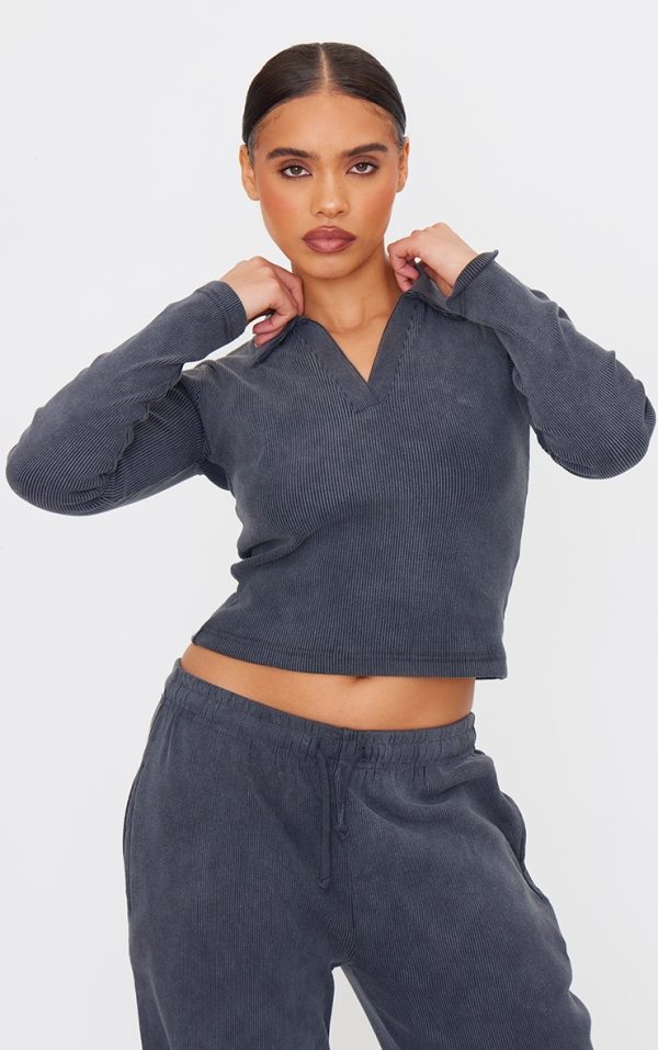 Charcoal Washed Ribbed V Neck Fitted Long Sleeve Top