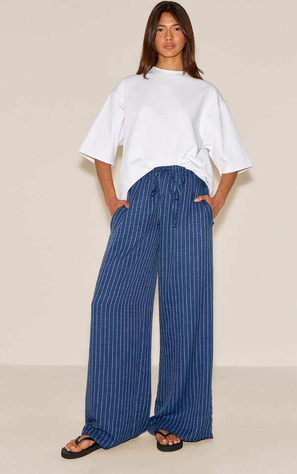 Navy Lightweight Woven Pinstripe Drawstring Pants