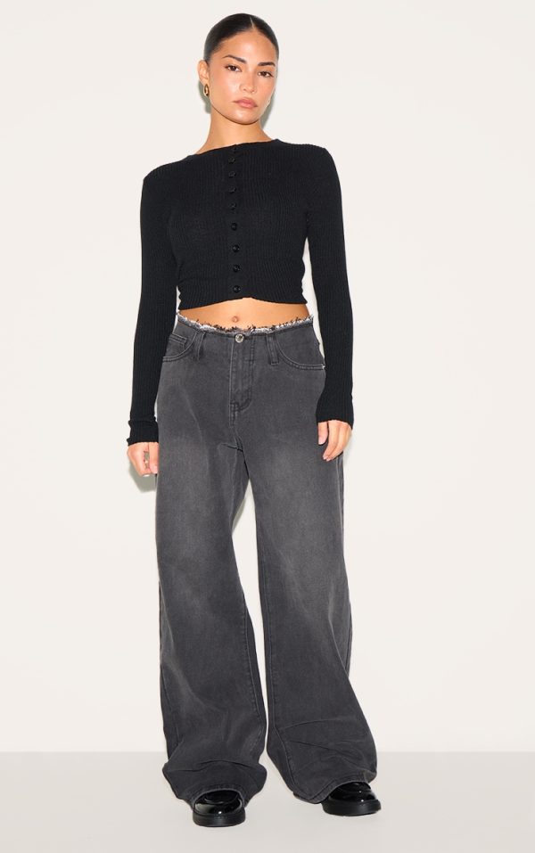 Petite Black Fray Waist Low Rise Straight Leg Jeans