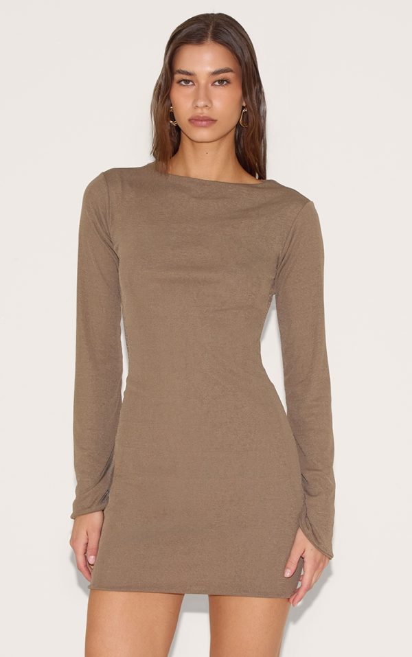 Mushroom Onion Skin Boat Neck Flute Sleeve Mini Dress