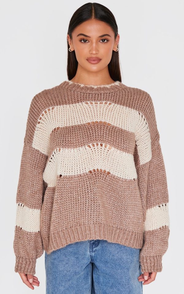 Mocha Stripe Distressed Detail Chunky Knit Sweater