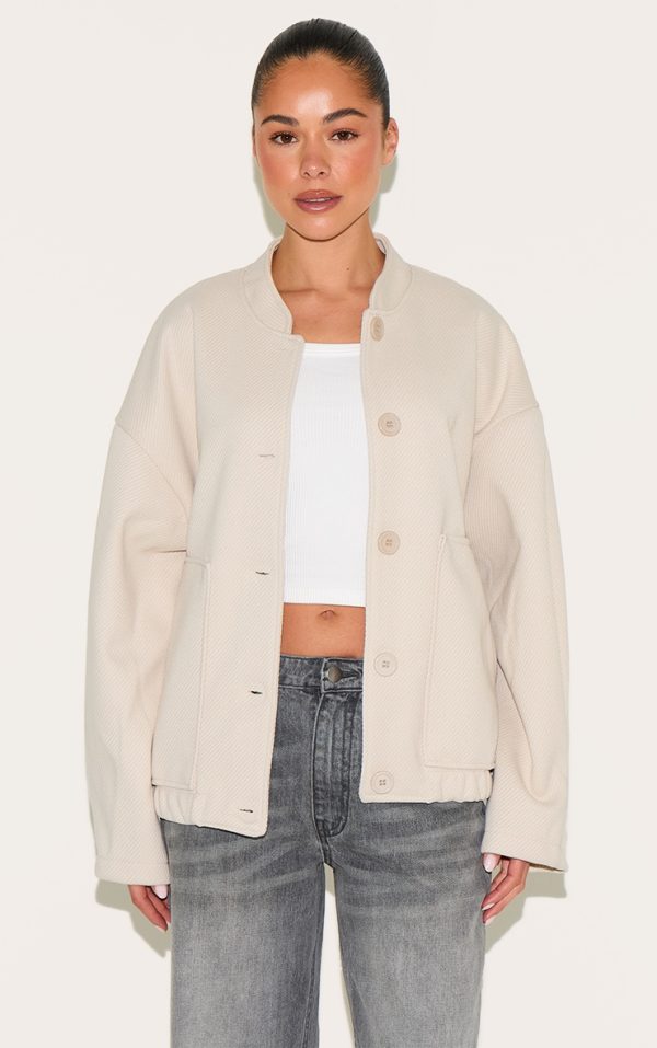 Beige Herringbone Oversized Bomber Jacket