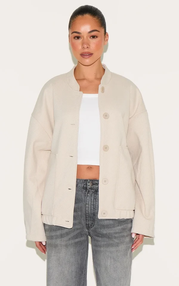 Beige Herringbone Oversized Bomber Jacket