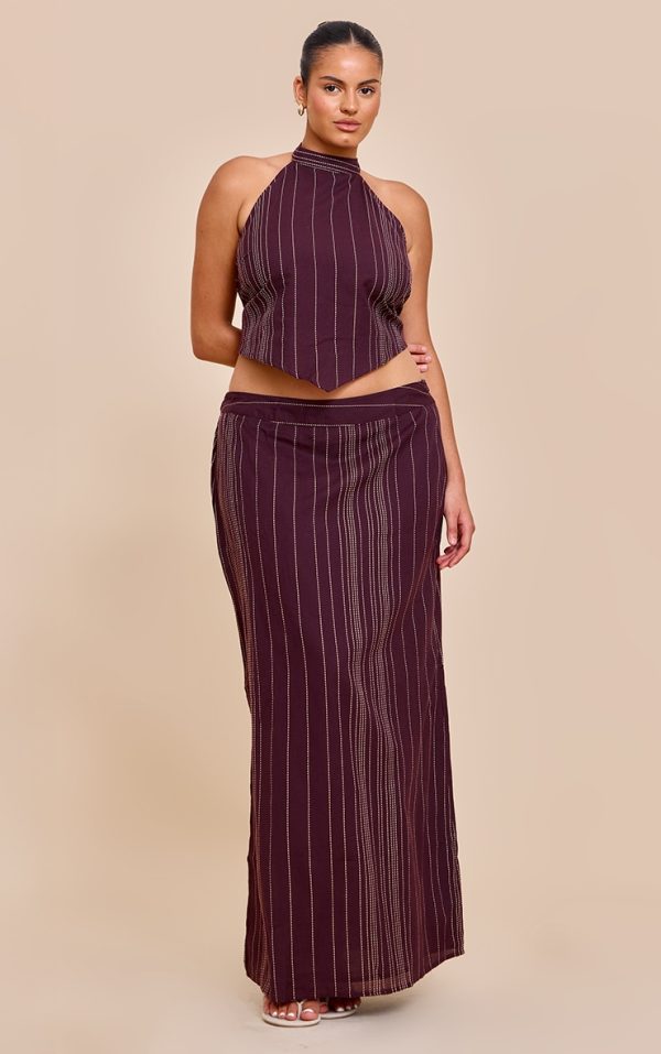 Plus Brown Stripe Embroidered Maxi Skirt
