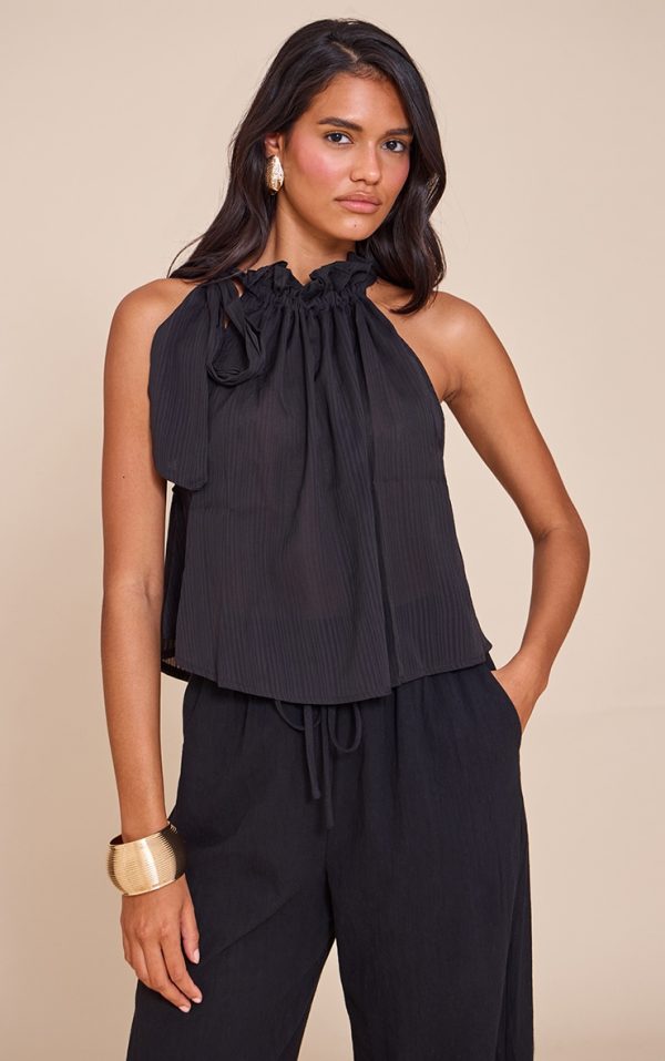 Black Ruched Tie Neck Top