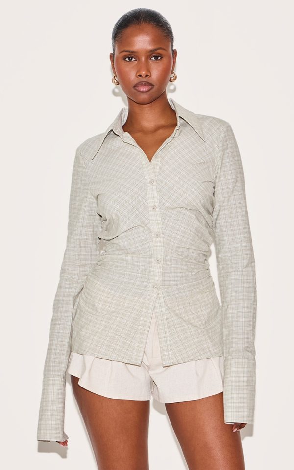 Green Check Fitted Ruched Side Shirt