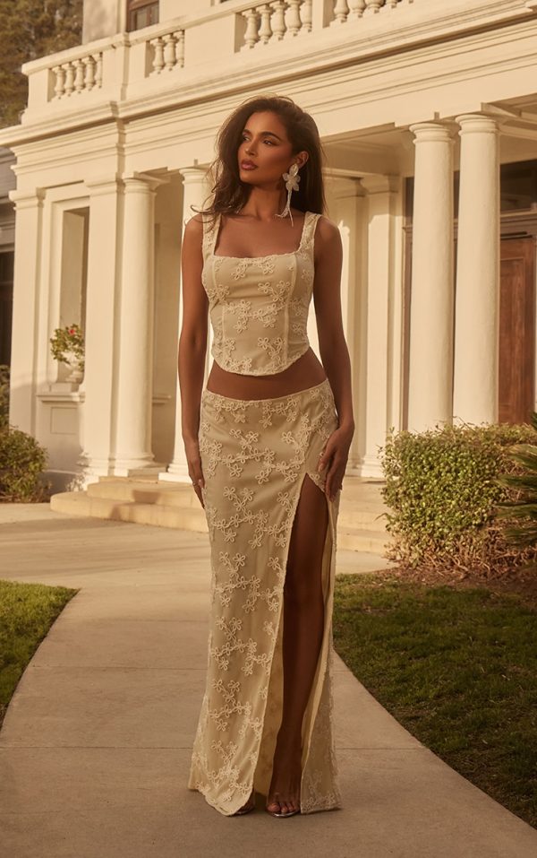 Cream Floral Textured Thigh High Split Maxi Skirt
