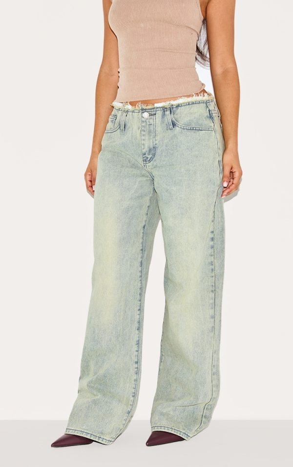 Petite Vintage Wash Fray Waist Low Rise Straight Leg Jeans