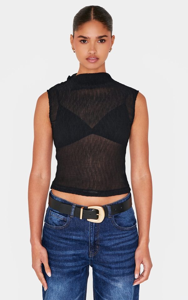 Black Chiffon Plisse High Neck Long Top