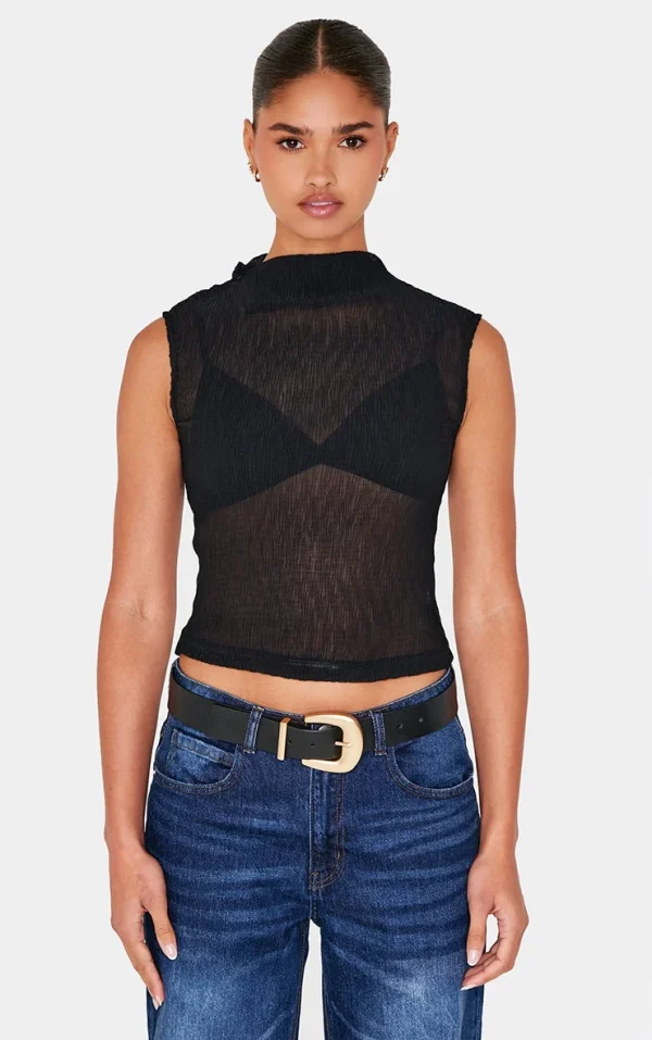 Black Chiffon Plisse High Neck Long Top