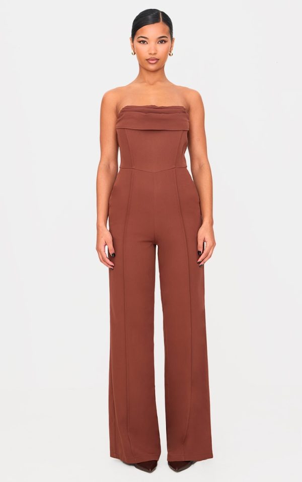 Chocolate Bandeau Cowl Neck Pocket Detailed Jumpsuit