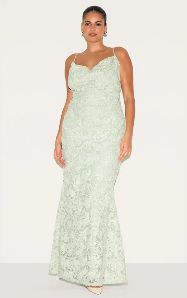 Plus Sage Green Textured Cowl Neck Strappy Maxi Dress