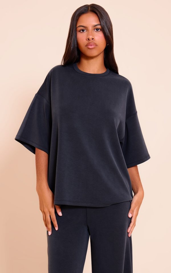 Petite Black Modal Oversized Short Sleeve Top