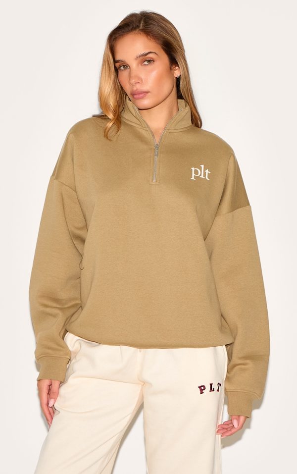 PRETTYLITTLETHING Olive Printed Quarter Zip Sweatshirt