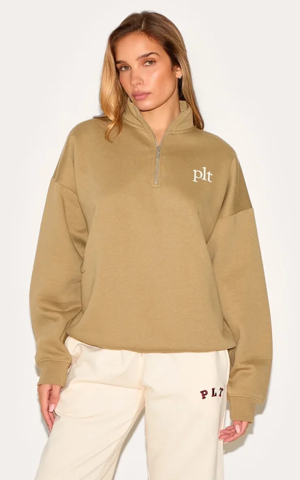 PRETTYLITTLETHING Olive Printed Quarter Zip Sweatshirt