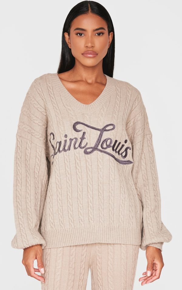 Mocha Cable Knit Embroidered V Neck Sweater