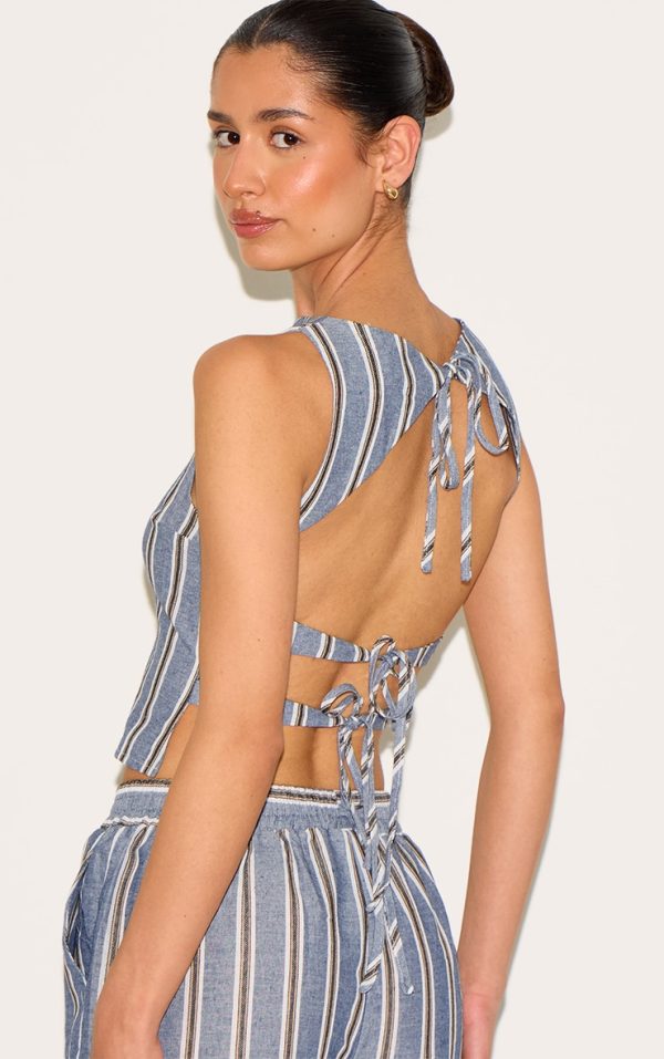 Tall Blue Linen Look Striped Open Back Sleeveless Top