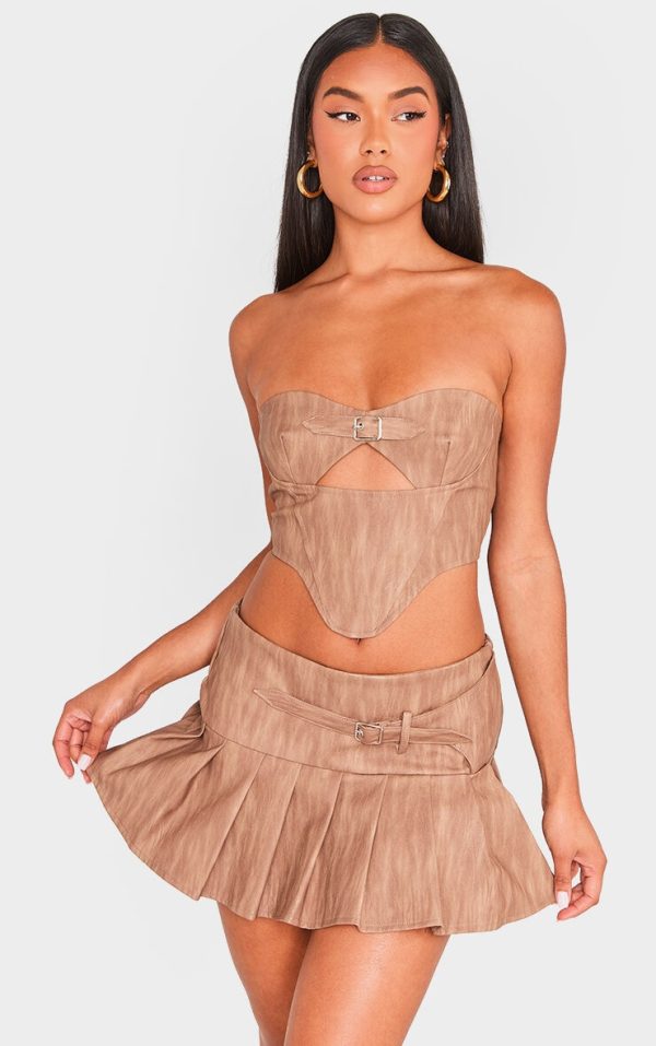Brown Washed Faux Leather Buckle Detail Top