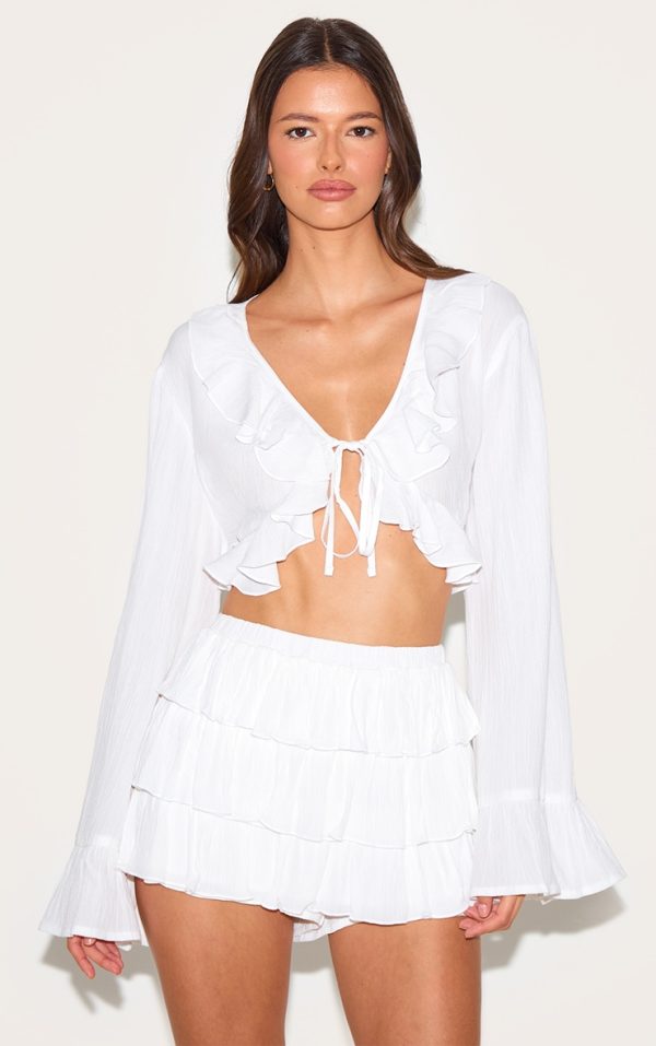 White Cheesecloth Ruffle Tie Front Long Sleeve Top