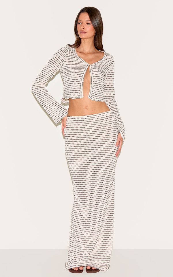 Chocolate Brown Textured Striped Mid Rise Maxi Skirt