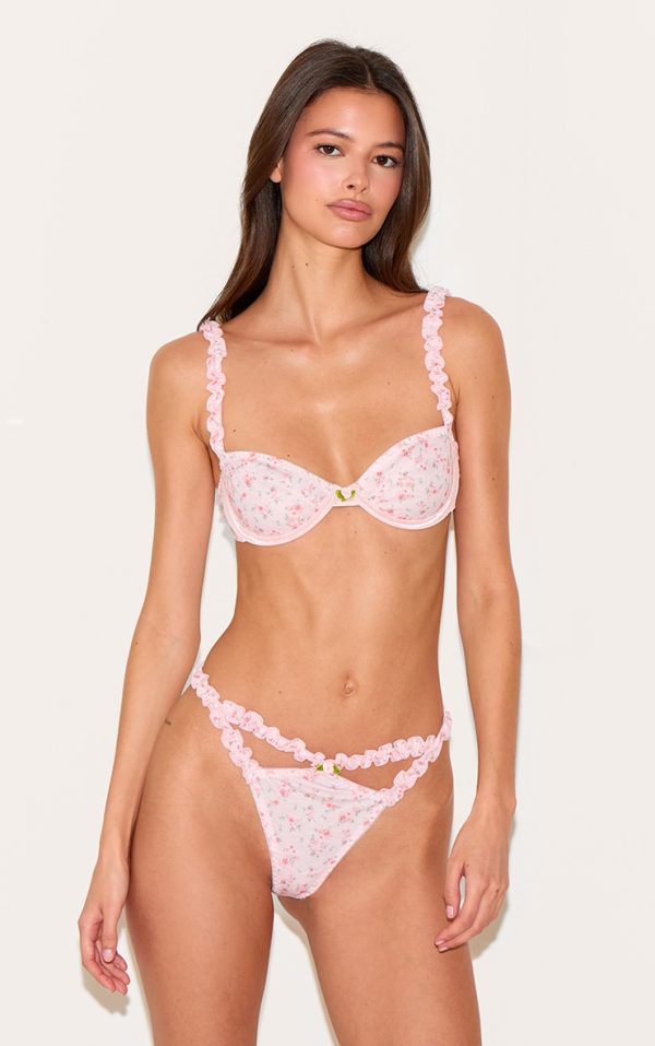 Pink Ribbed Floral Frill Underwired Lingerie Set