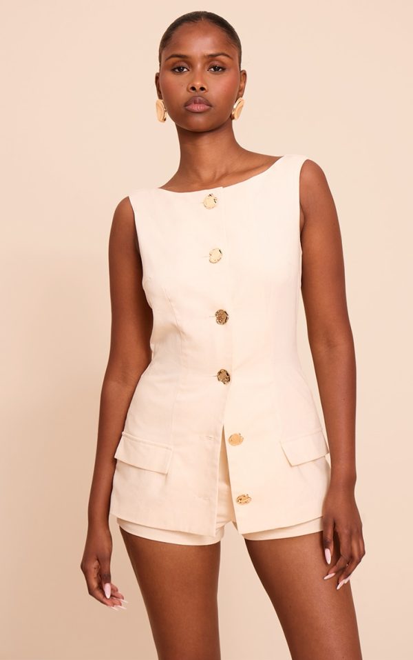Oatmeal Woven Button Detail Skort Romper