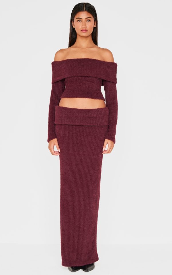 Burgundy Textured Soft Rib Fold Over Mid Rise Maxi Skirt