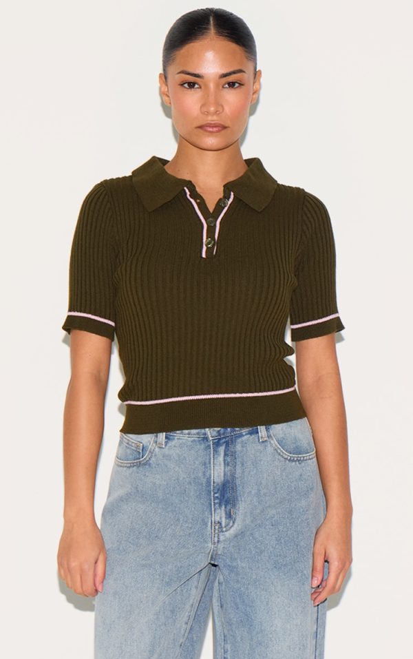 Petite Moss Green Knitted Polo Top