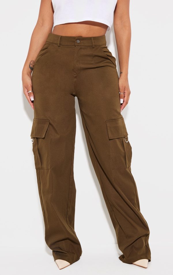 PRETTYLITTLETHING Shape Dark Khaki Green Buckle Detail Cargo Wide Leg Pants