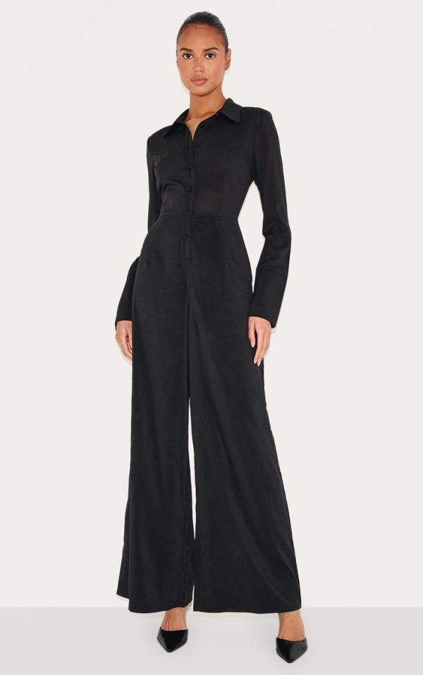 Black Chiffon Long Sleeve Cinched Wide Leg Jumpsuit