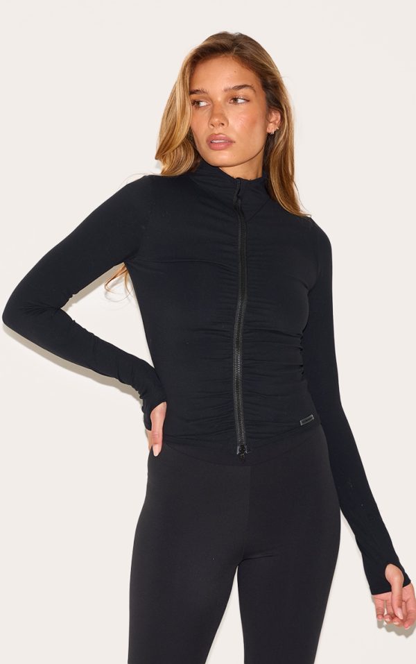Black Brushed Sculpt Ruched Front Zip Up Sport Jacket