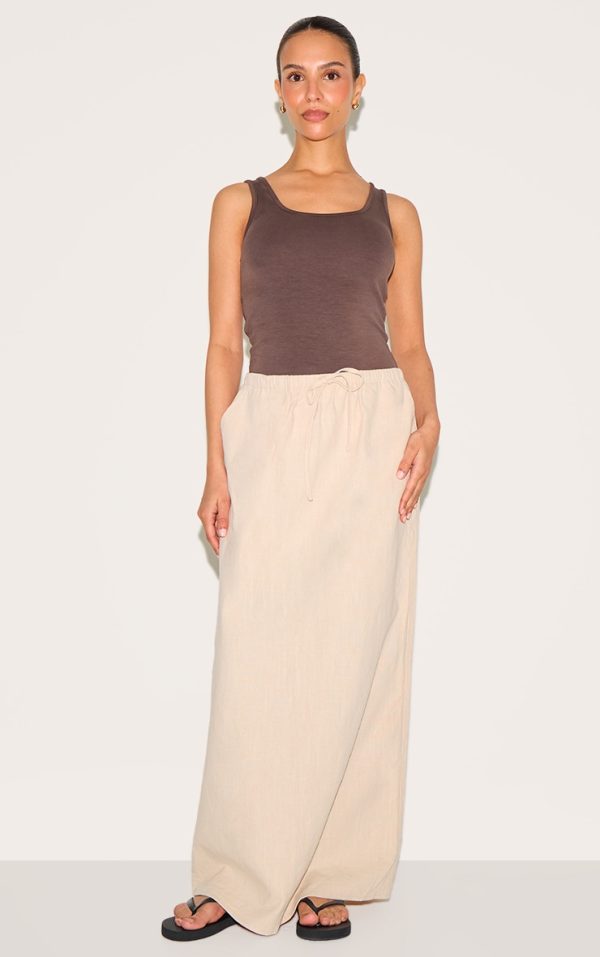 Petite Natural Premium Linen Look Drawstring Maxi Skirt