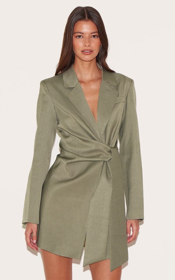Grey Woven Blazer Side Tie Mini Dress