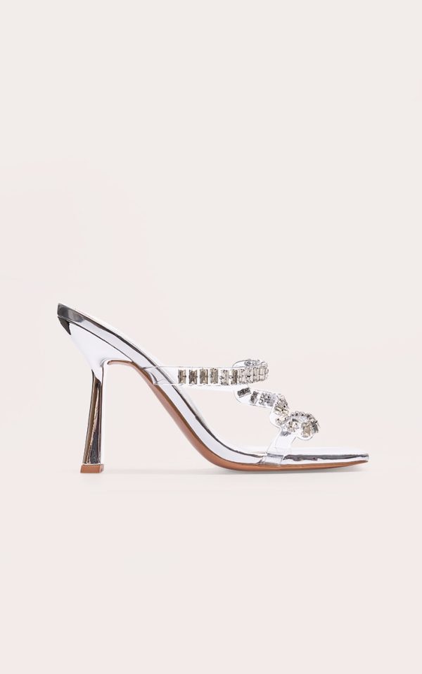 Silver PU Wide Fit Metallic Square Toe Diamante Strap Heeled Mules