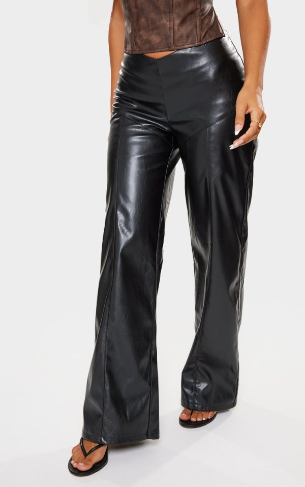 Petite Black Dipped Front Waist Faux Leather Pants