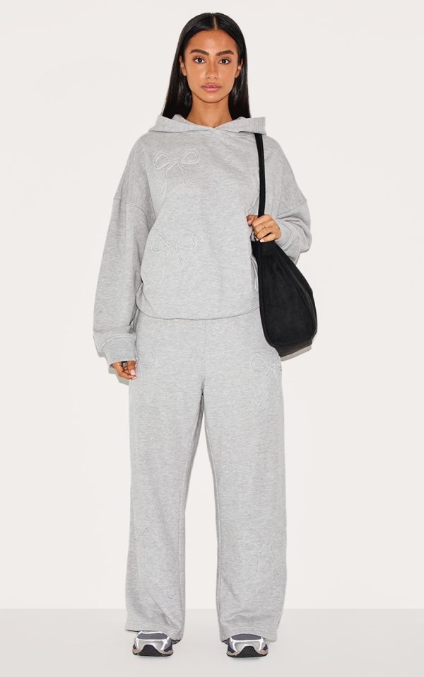 Petite Grey Marl Embossed Bow Detail Wide Leg Sweatpants