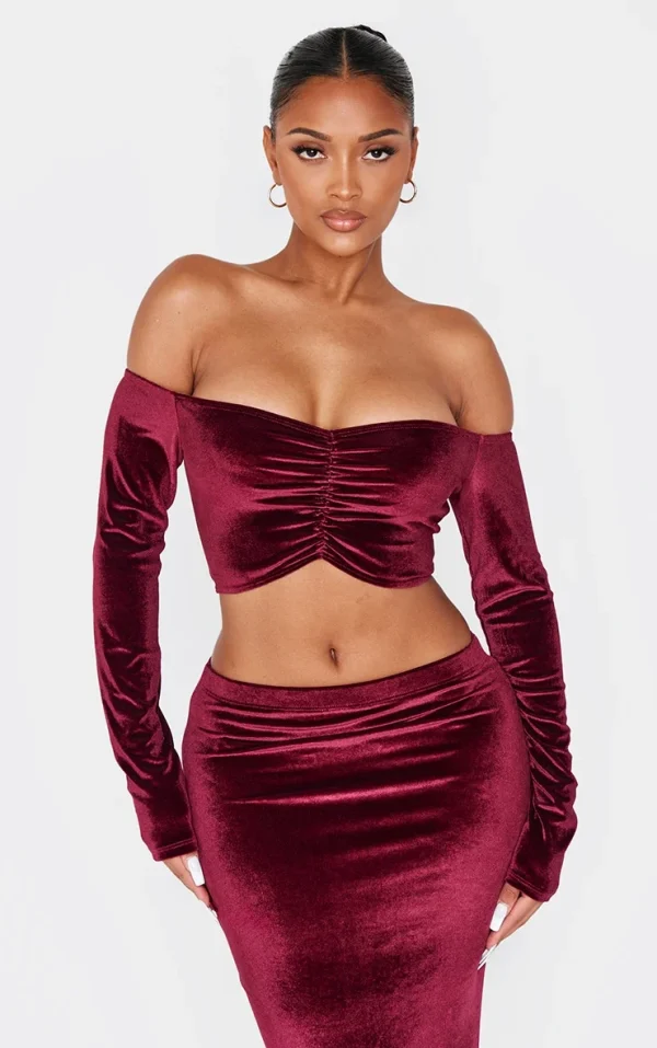 Shape Burgundy Velour Bardot Ruched Sleeve Crop Top