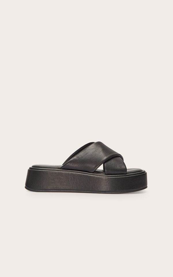 Black Pu Round Toe Cross Strap Flatform Sandals