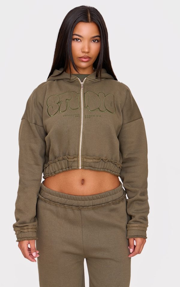 PRETTYLITTLETHING Taupe Studio Embroidered Raw Hem Detail Zip Up Hoodie