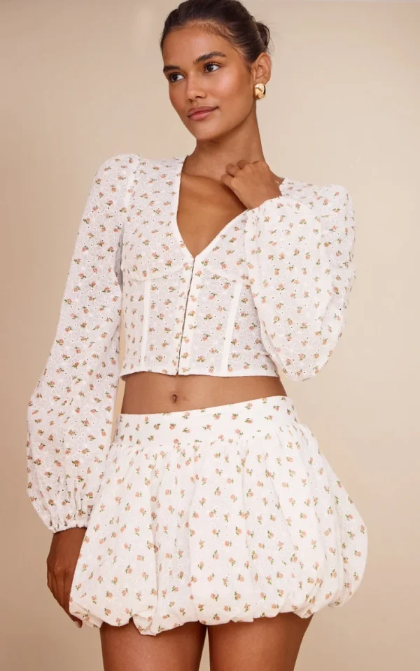 White Rose Ditsy Print Puffball Skirt