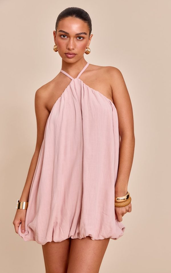 Blush Textured Halterneck Linen Look Puffball Dress