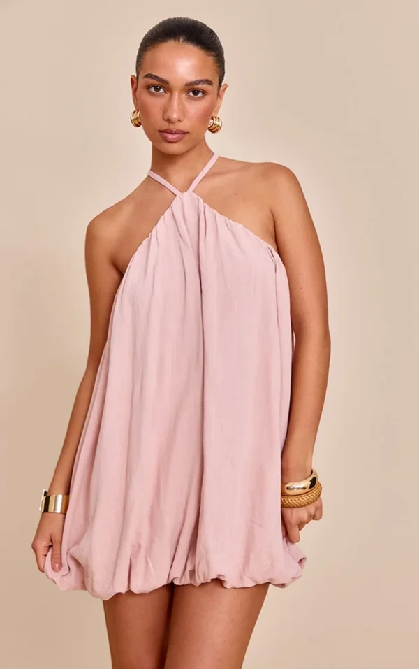 Blush Textured Halterneck Linen Look Puffball Dress