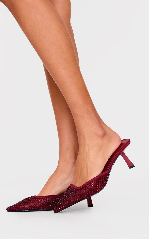 Burgundy Diamante Mesh Point Toe Mid Stiletto Heeled Mules